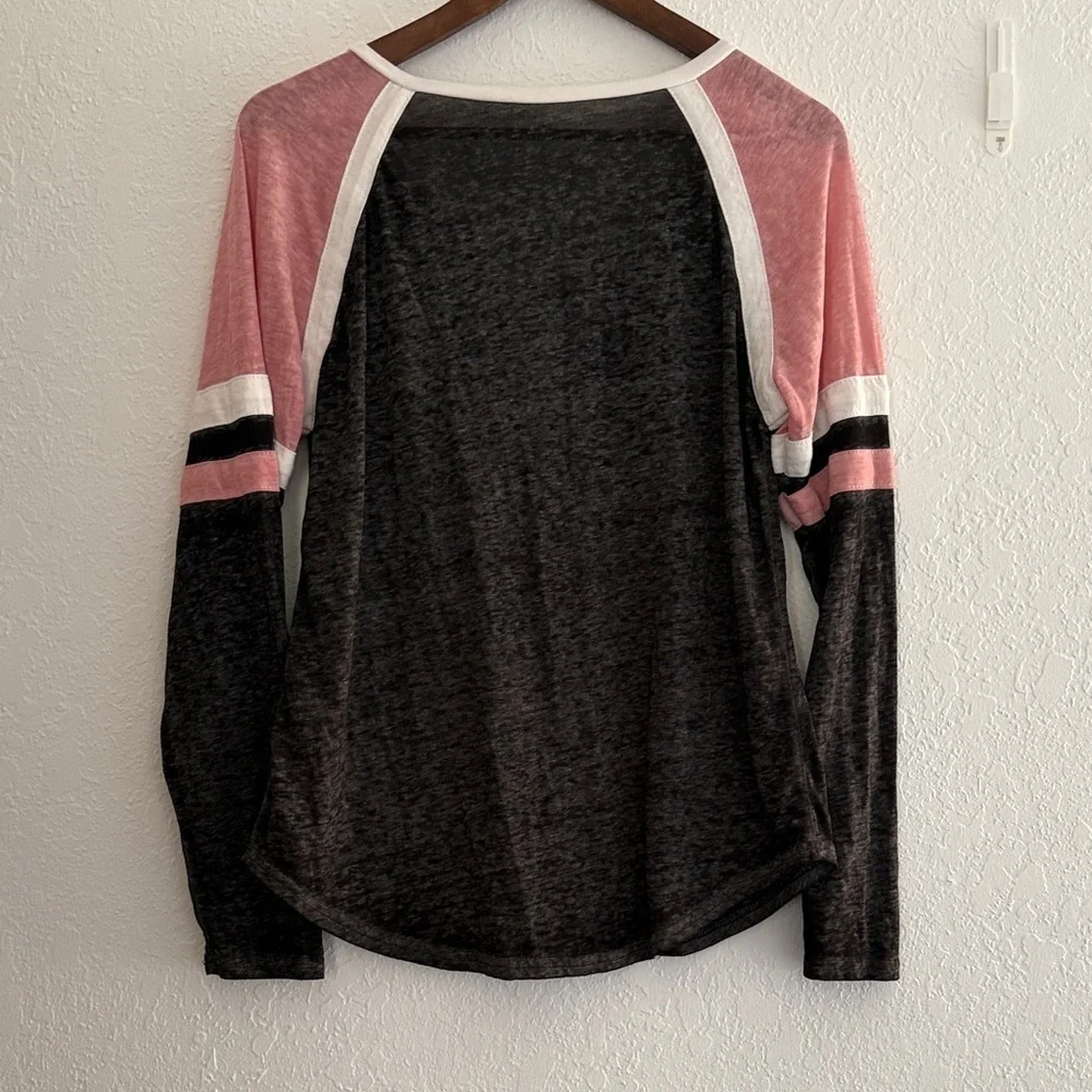Bobbie Brooks Pink Black Lace Up Long Sleeve Top Medium Casual Pullover Shirt